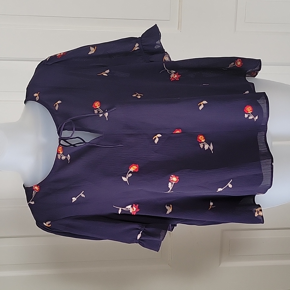 Madewell Womens semi sheer floral embroidery Short Sleeve blouse sz L